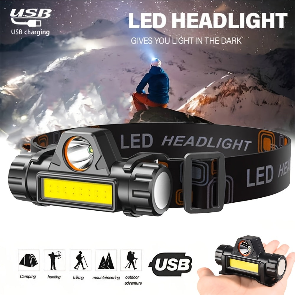 Rechargeable COB LED Headlamp with Magnetic Base - Spotlight and Floodlight, 90 Degree Tilt, USB Charging