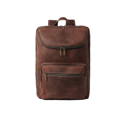 Bisoncart USA Pull-Up Cowhide Leather Triple-Compartment Backpack - 16" Laptop Capacity