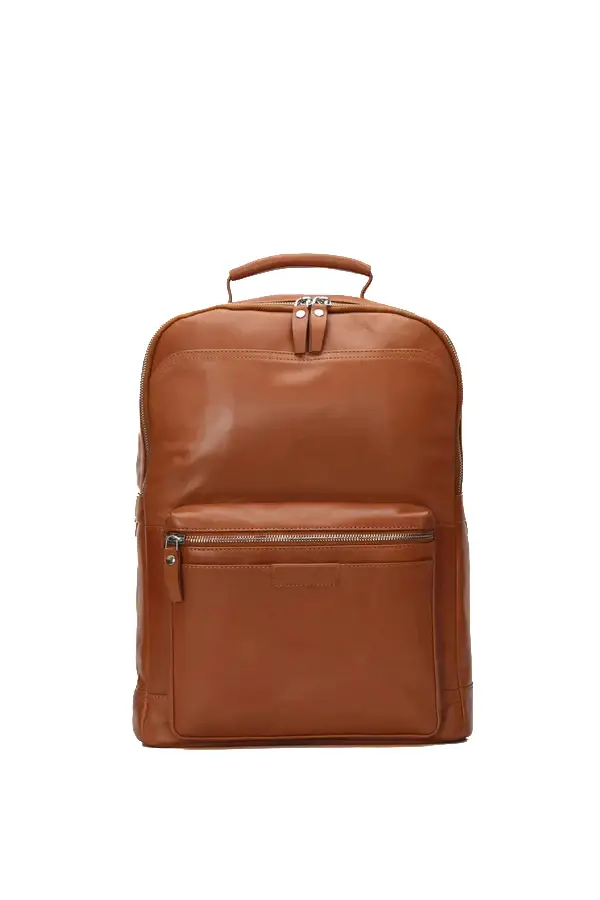 Bisoncart USA Full Grain Milled Leather Backpack in Cognac Tan - 16" Tech-Ready Commuter