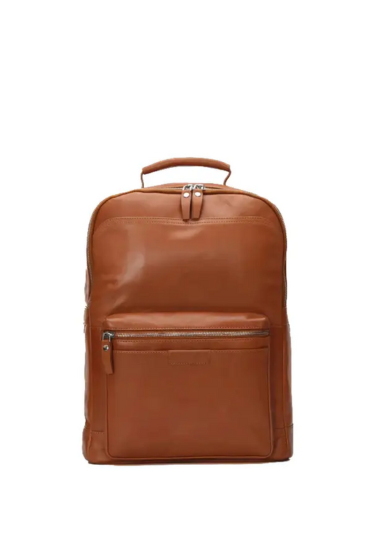 Bisoncart USA Full Grain Milled Leather Backpack in Cognac Tan - 16" Tech-Ready Commuter
