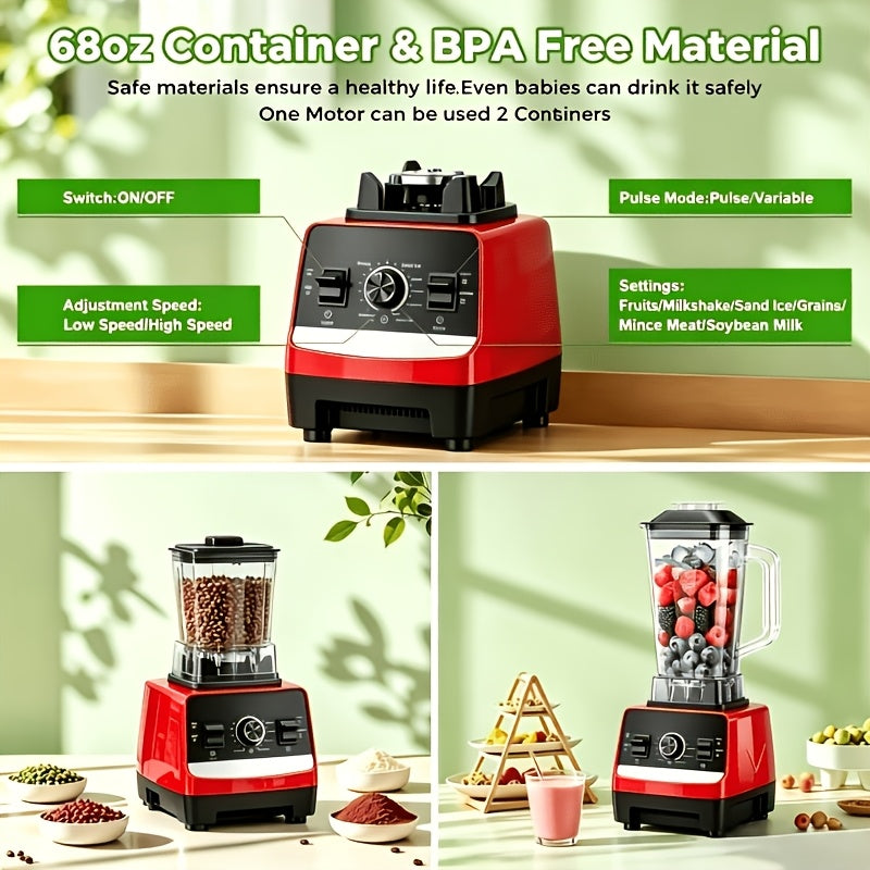 Professional Countertop Blender - 68 oz (2L) Jar Plus Grinder Cup, Variable Speed and Pulse, Red