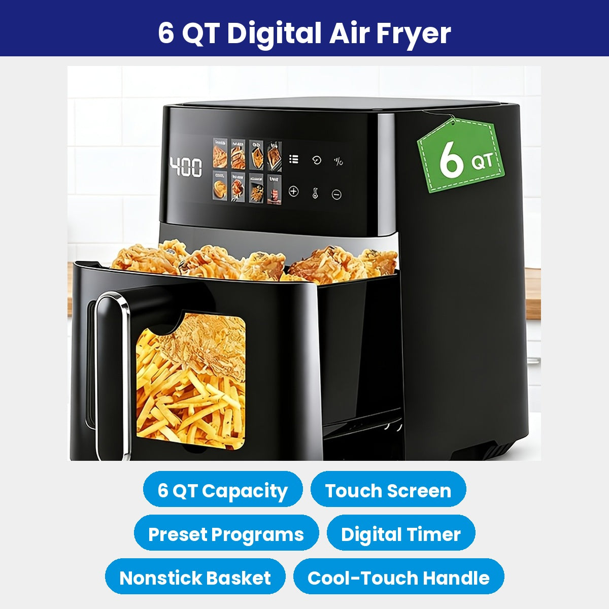 6 Quart Digital Air Fryer - Touch Screen with Preset Programs, Nonstick Basket, Black