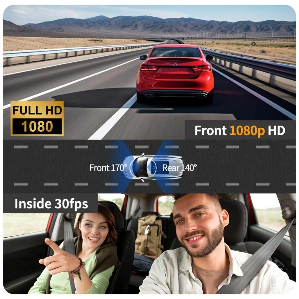 1080p Front and Cabin Dual Dash Cam - 2-Inch IPS Screen, 170 Degree Wide Angle, Loop Recording