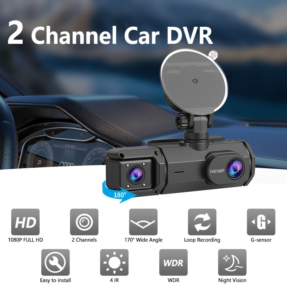 1080p Front and Cabin Dual Dash Cam - 2-Inch IPS Screen, 170 Degree Wide Angle, Loop Recording