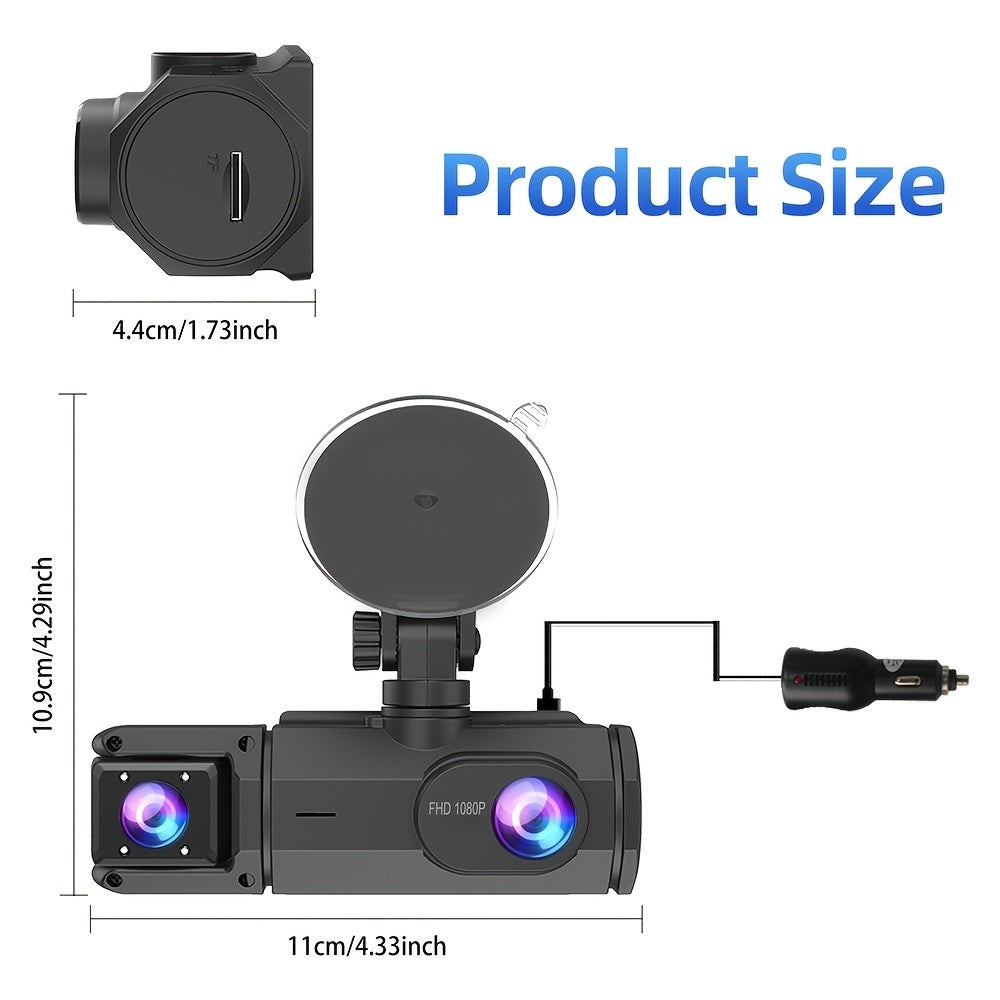 1080p Front and Cabin Dual Dash Cam - 2-Inch IPS Screen, 170 Degree Wide Angle, Loop Recording