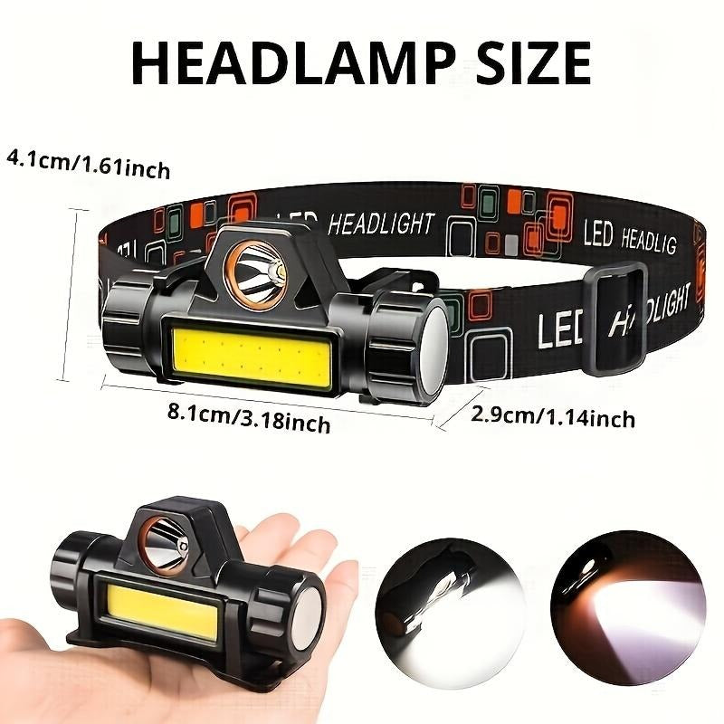 Rechargeable COB LED Headlamp with Magnetic Base - Spotlight and Floodlight, 90 Degree Tilt, USB Charging
