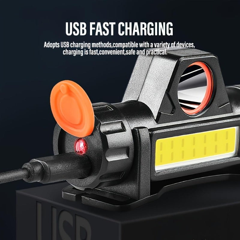 Rechargeable COB LED Headlamp with Magnetic Base - Spotlight and Floodlight, 90 Degree Tilt, USB Charging