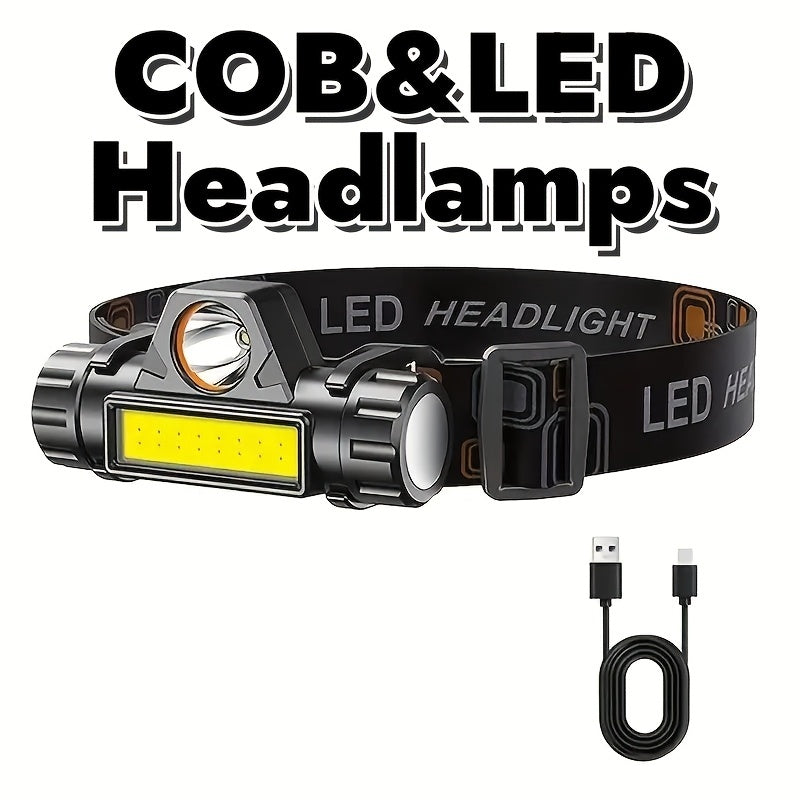 Rechargeable COB LED Headlamp with Magnetic Base - Spotlight and Floodlight, 90 Degree Tilt, USB Charging