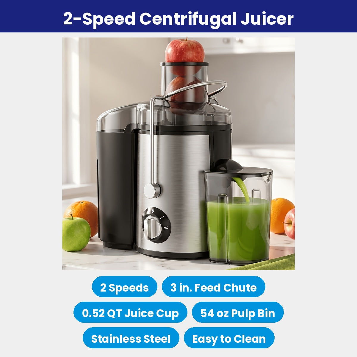 Centrifugal Juicer with 3-Inch Wide Feed Chute - 2 Speeds, Juice Cup and Pulp Container, Stainless Steel