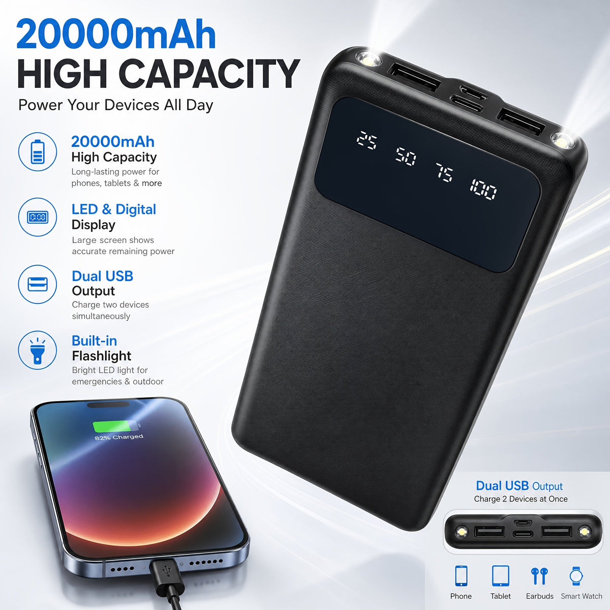 20,000mAh Power Bank with LED Display and Built-In Flashlight - Dual USB Output, Black