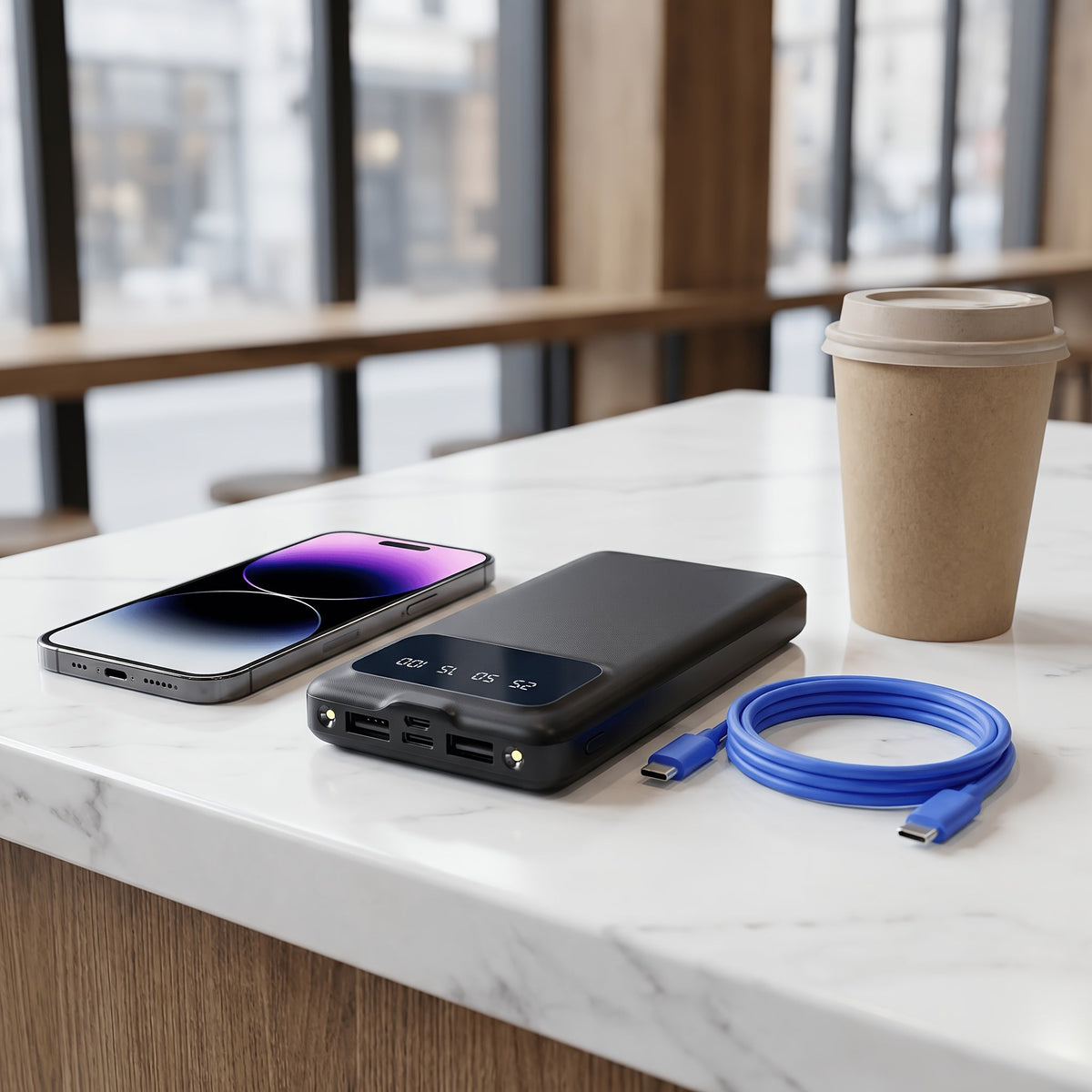 20,000mAh Power Bank with LED Display and Built-In Flashlight - Dual USB Output, Black