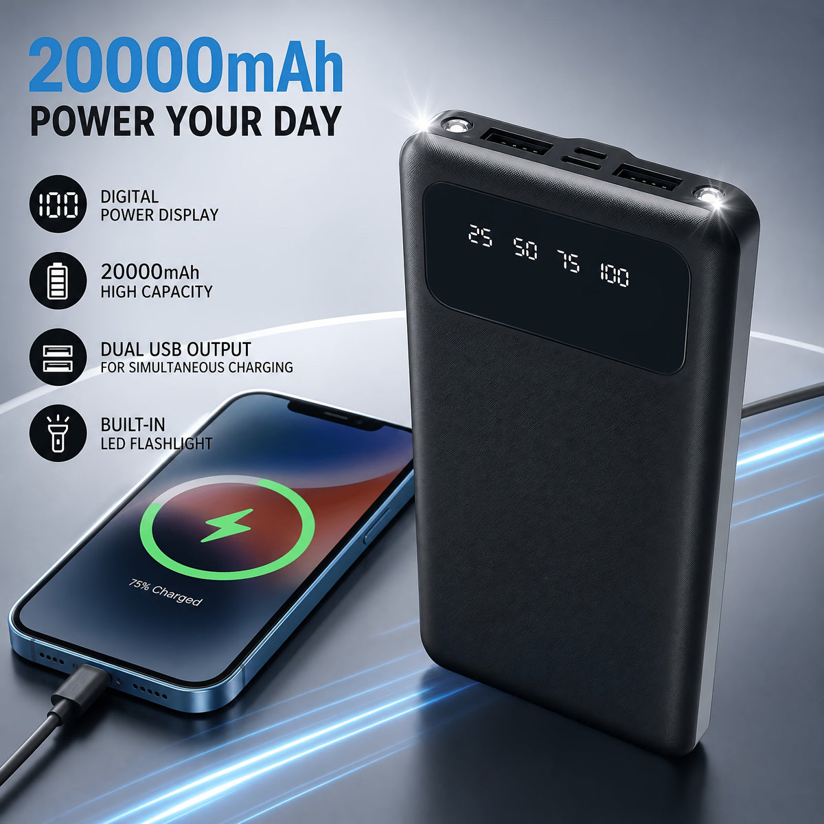 20,000mAh Power Bank with LED Display and Built-In Flashlight - Dual USB Output, Black