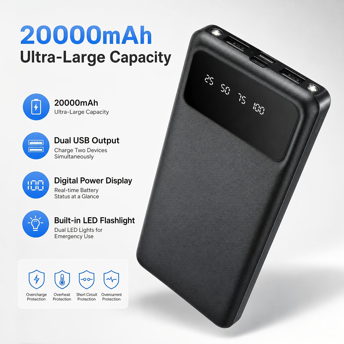 20,000mAh Power Bank with LED Display and Built-In Flashlight - Dual USB Output, Black