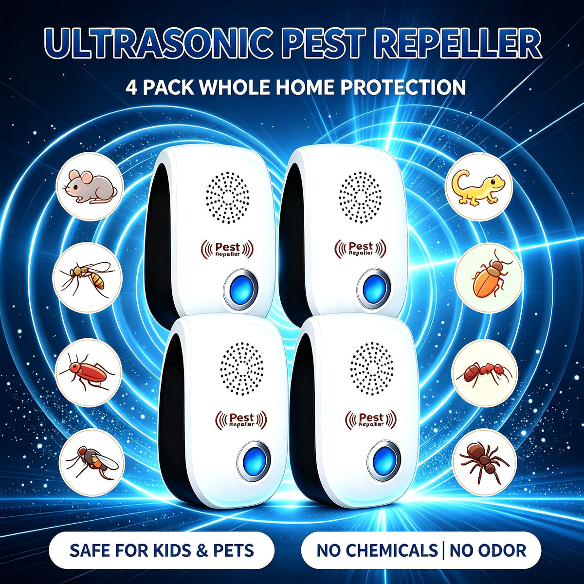 4-Pack: Plug-In Ultrasonic Pest Repeller - Indoor Rodent and Insect Deterrent